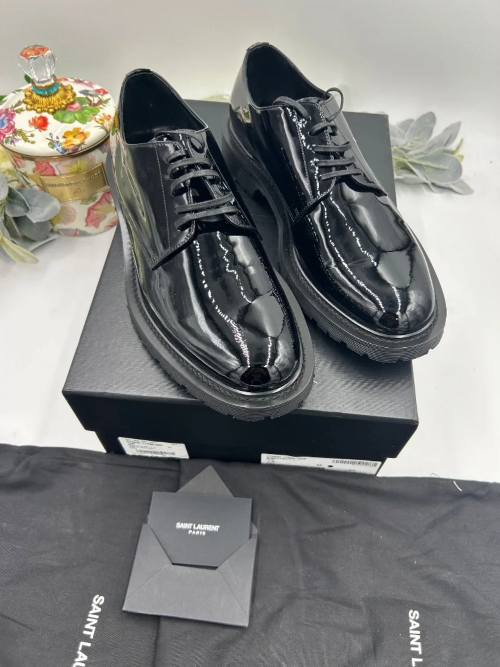 Men’s St. Laurent Black Patent Leather Derby Lace-Ups.  Size 43/10 US.